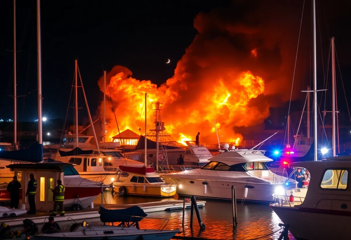 Fire engulfing boats at Lake Travis Marina with emergency responders present