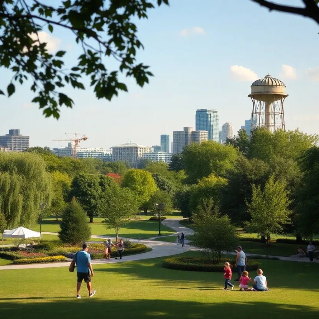 View of the Old Town Park with historic water tower and greenery