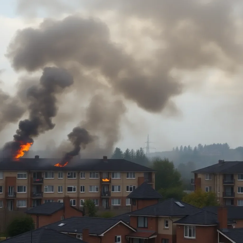 Smoke rising from bushes in a community complex during an arson incident.