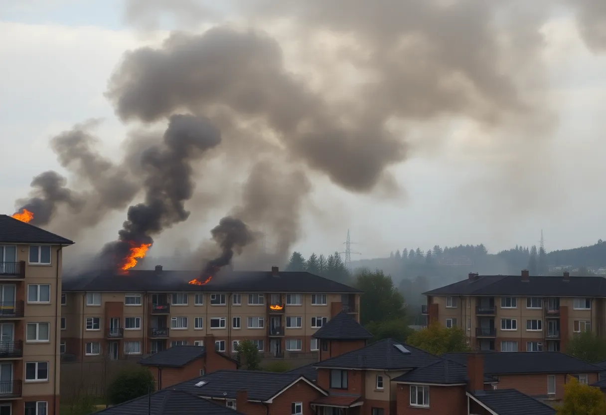Smoke rising from bushes in a community complex during an arson incident.
