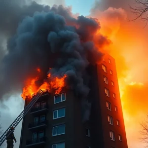 Firefighters extinguishing a fire at an apartment complex in Pflugerville, Texas.