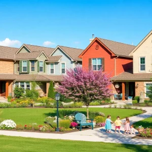 A colorful neighborhood in Pflugerville and Hutto with various homes and greenery in spring.