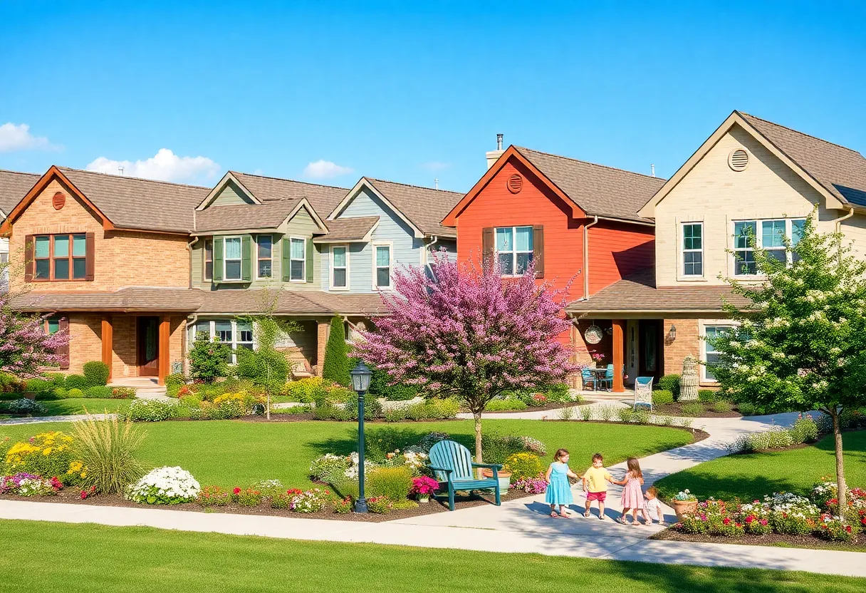 A colorful neighborhood in Pflugerville and Hutto with various homes and greenery in spring.