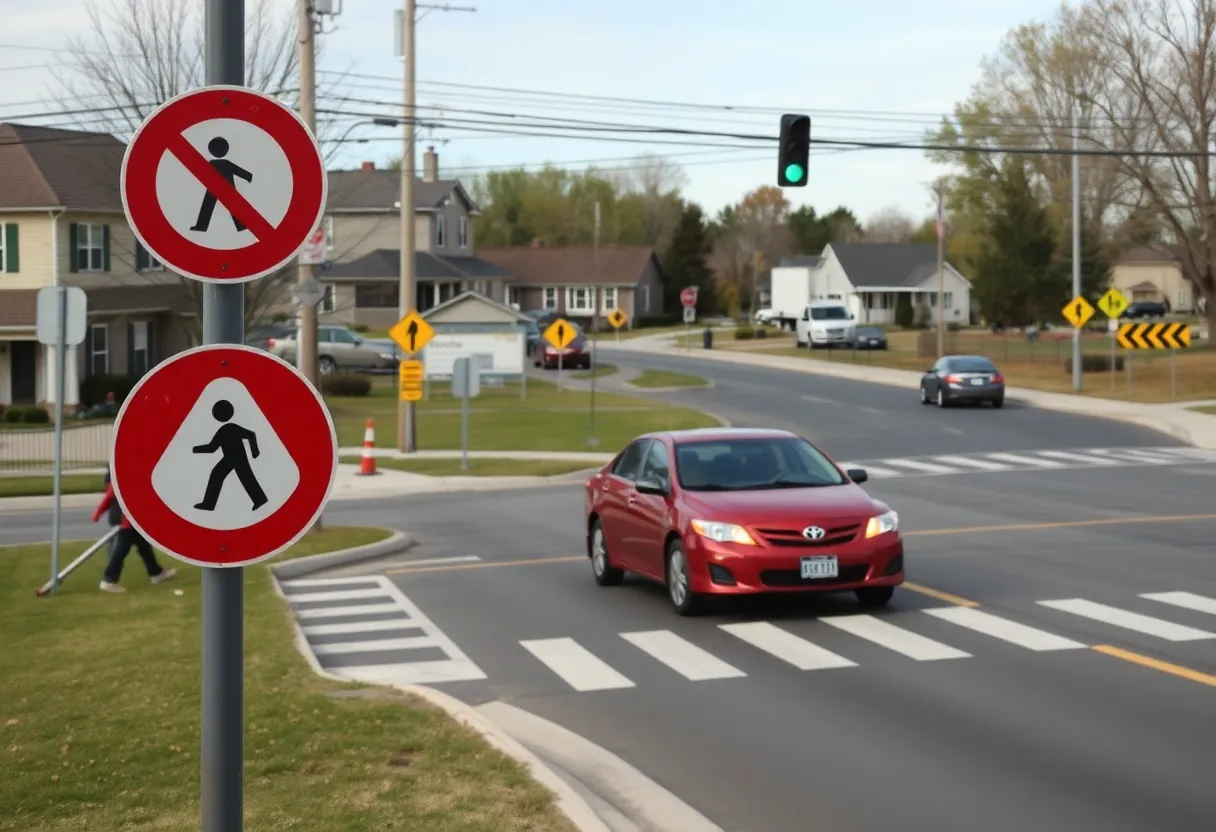 Traffic intersection with no crosswalk, indicating pedestrian safety concerns.