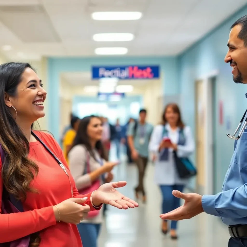 A smiling hospital volunteer assisting visitors, embodying community spirit.