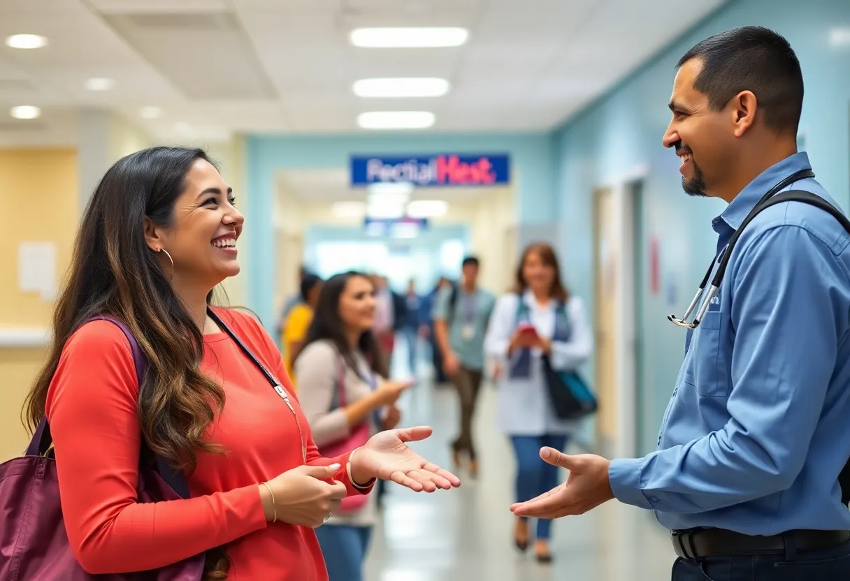 A smiling hospital volunteer assisting visitors, embodying community spirit.