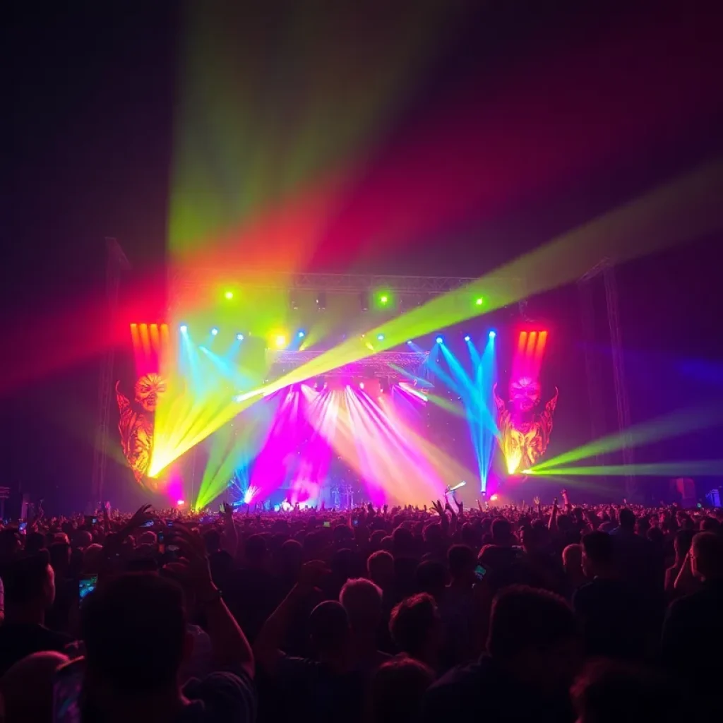 RÜFÜS DU SOL performing live at Lollapalooza Brazil 2025 with colorful lights and a cheering crowd