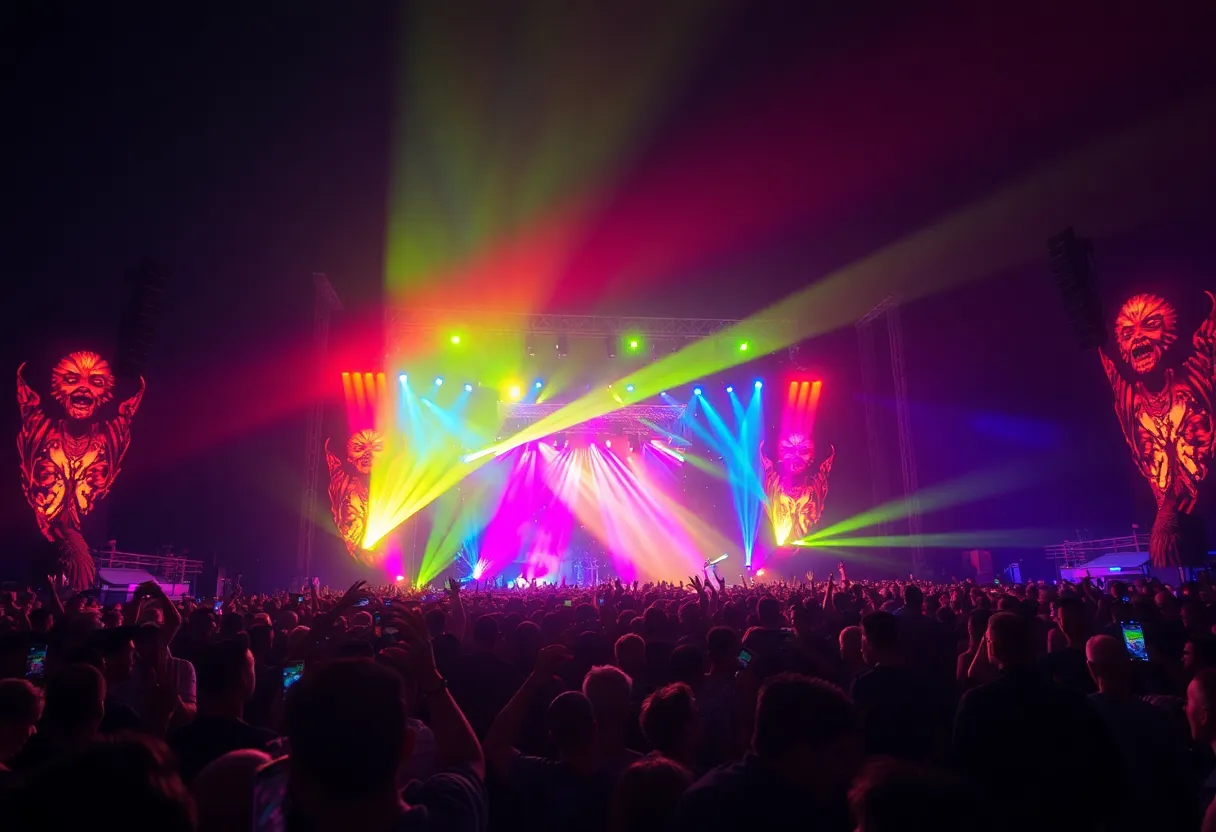 RÜFÜS DU SOL performing live at Lollapalooza Brazil 2025 with colorful lights and a cheering crowd