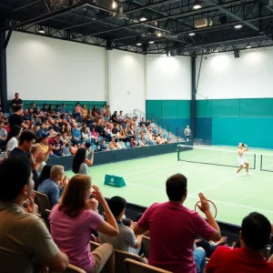 Exciting tennis match at Southwestern University with fans cheering.