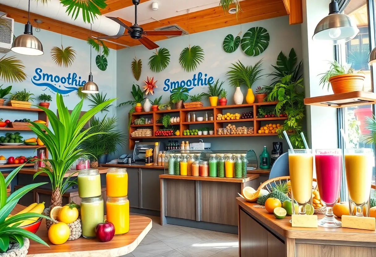 Interior of Tropical Smoothie Cafe showcasing smoothies and healthy food