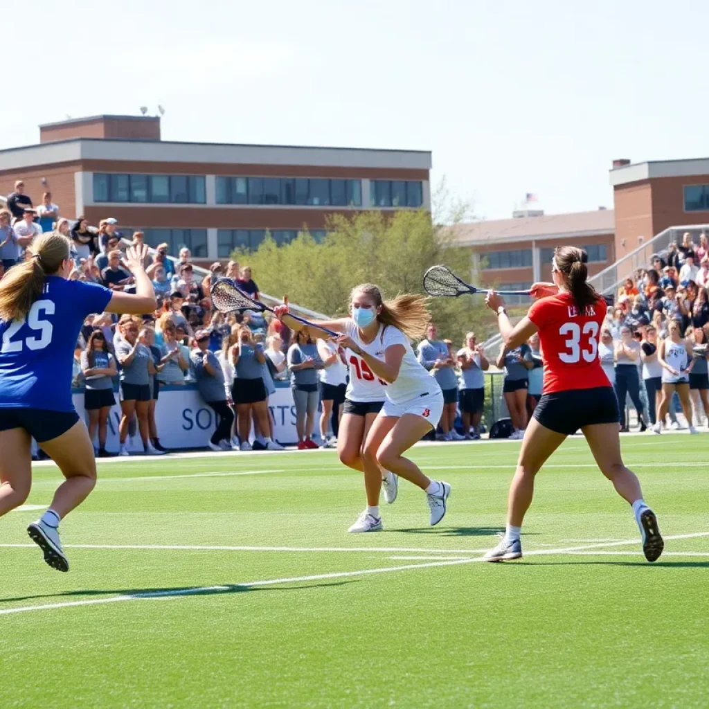 Women’s lacrosse players competing during a game at Southwestern University