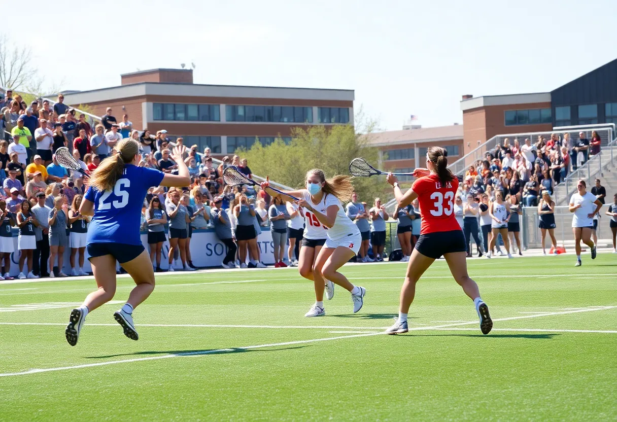 Women’s lacrosse players competing during a game at Southwestern University