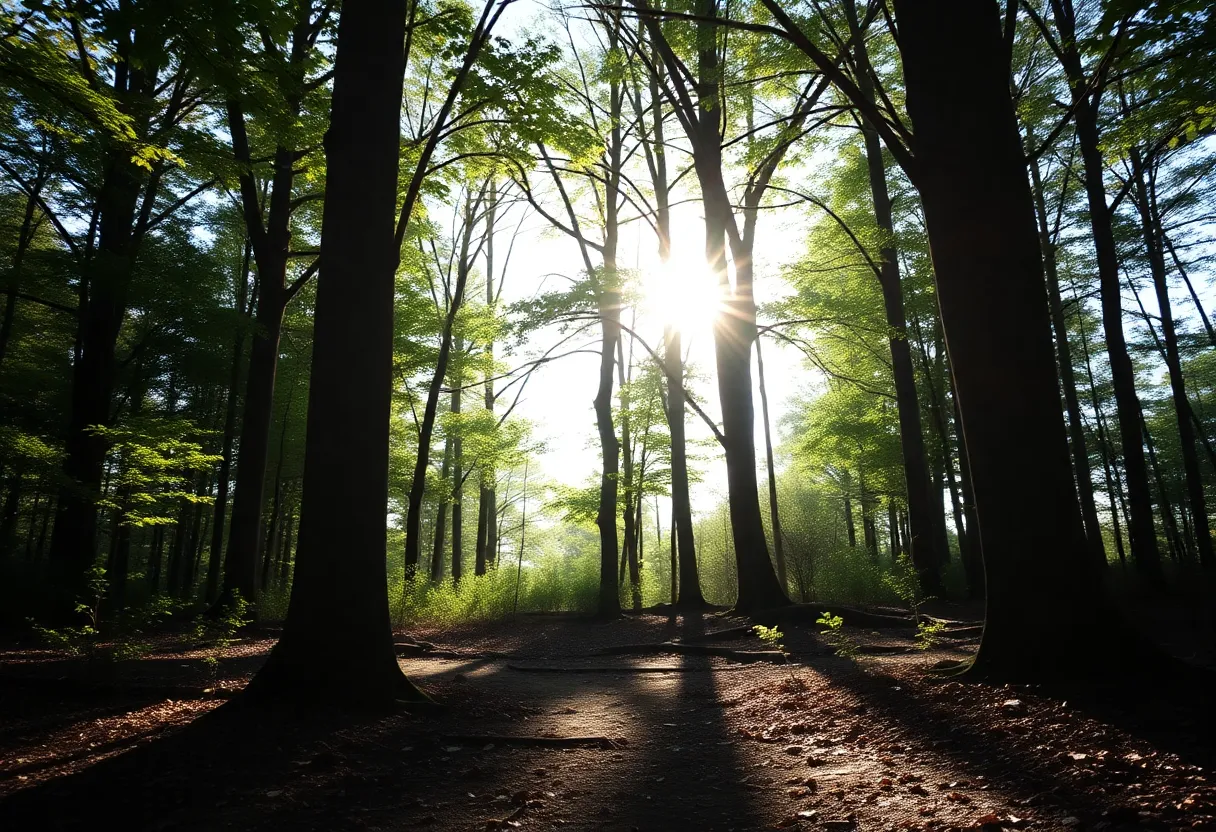 A peaceful wooded area, symbolizing loss and reflection.